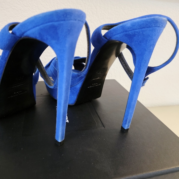 Saint Laurent YSL Blue Suede Platform Stiletto Ankle Strap Buckle Heels EU 38.5 - Picture 7 of 11